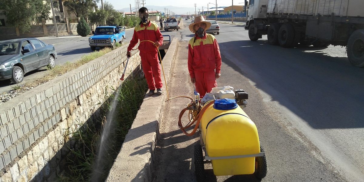 عملیات سم پاشی کانال ،جوی ها و درختان شهرک صنعتی بزرگ شیراز